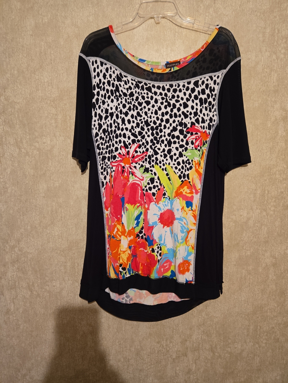 Multiples Black Short Sleeve Top with Multicolor Floral & Animal Print